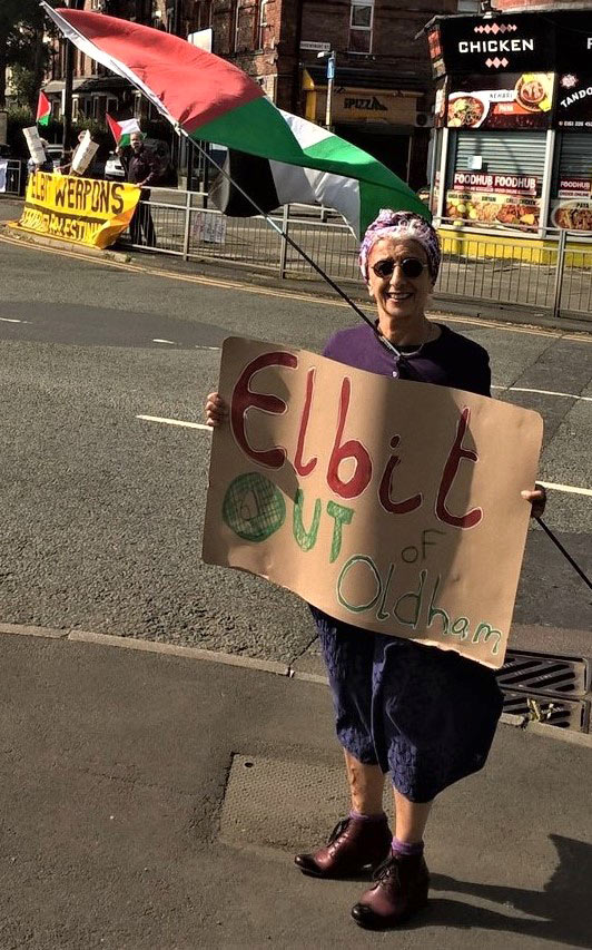 Pia In Whalley Range At An ‘Elbit Out Of Oldham’ Protest, 2021.